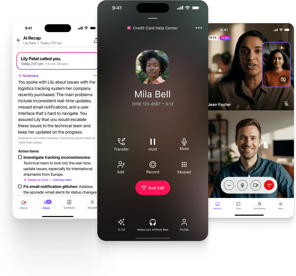 Dialpad Connect AI Recap panel next to an active call and video meeting