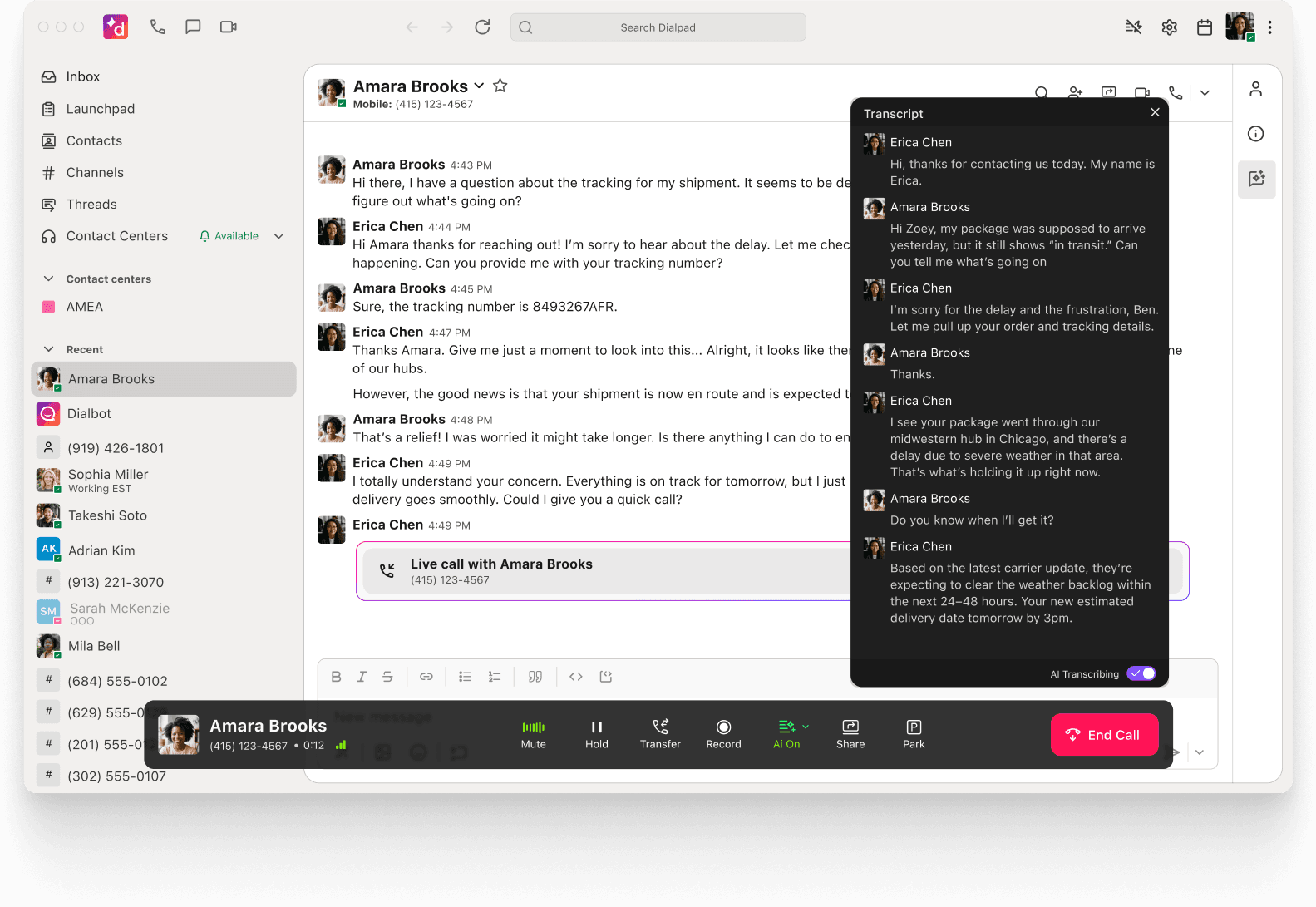 Dialpad Connect live call screen with AI transcript