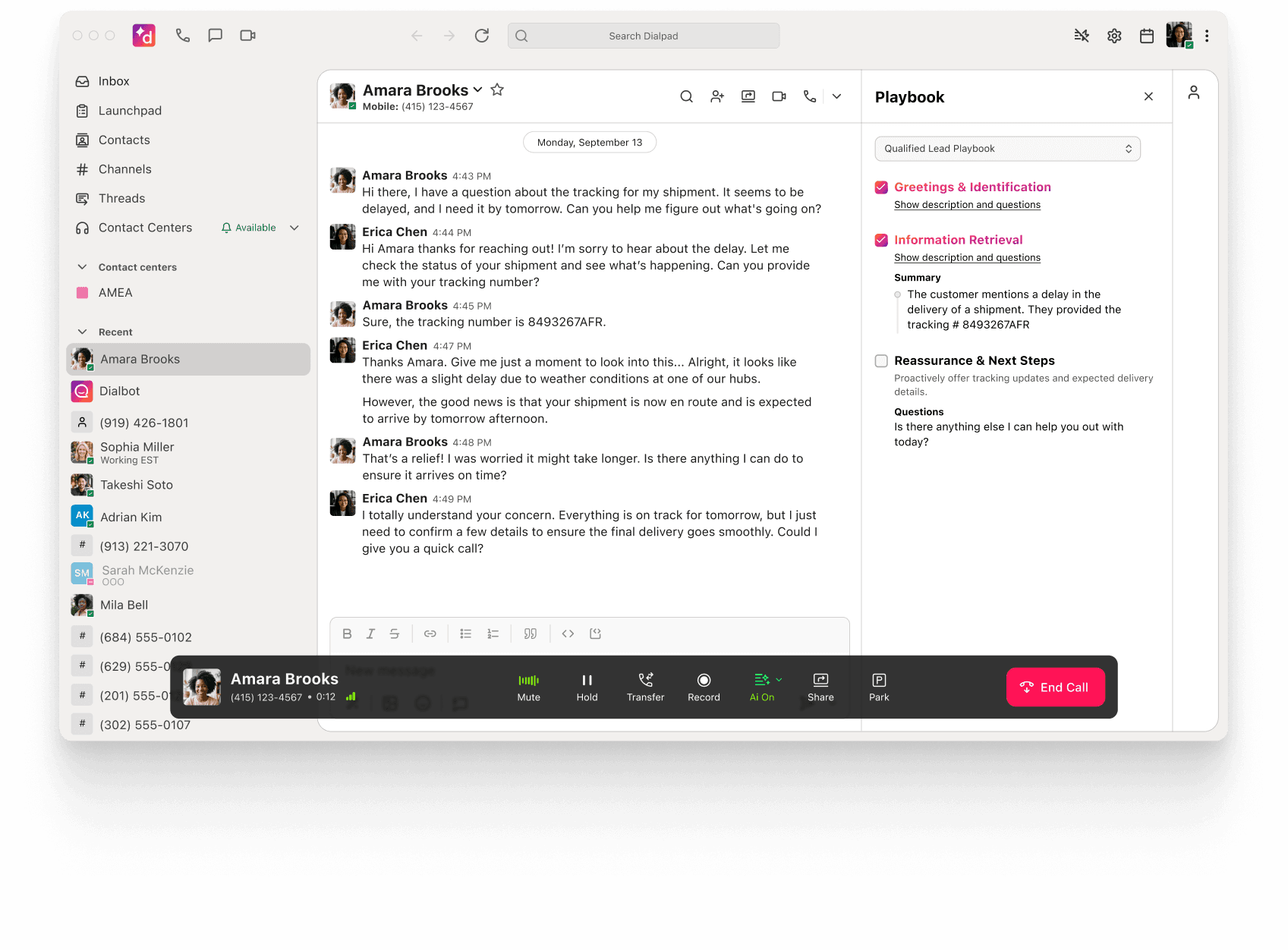 Dialpad Playbook panel guiding a rep through a qualified lead call