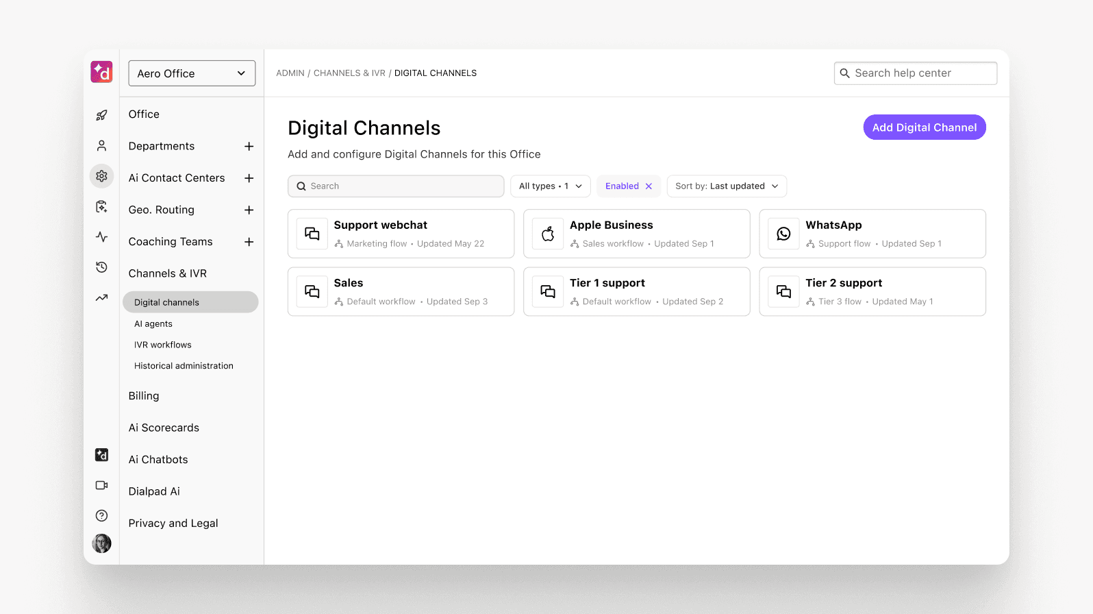 Screenshot of Dialpad digital channels