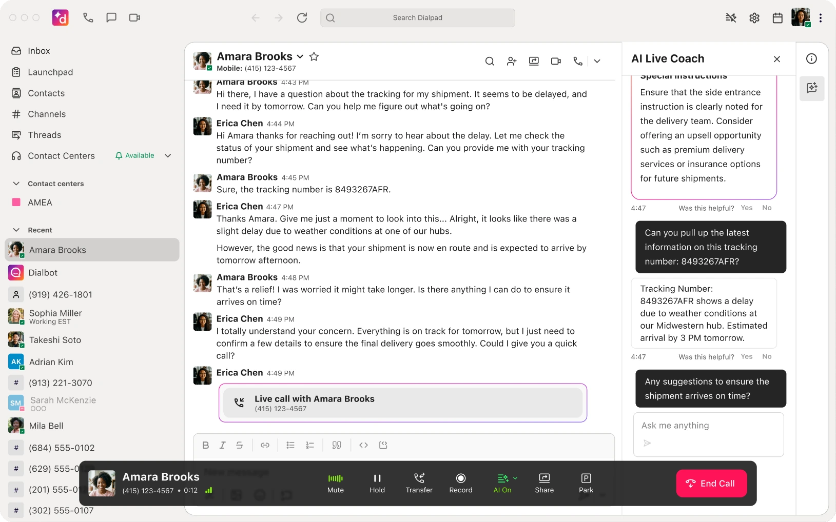 Dialpad desktop app on a live customer call, with AI Live Coach suggesting answers in the side panel