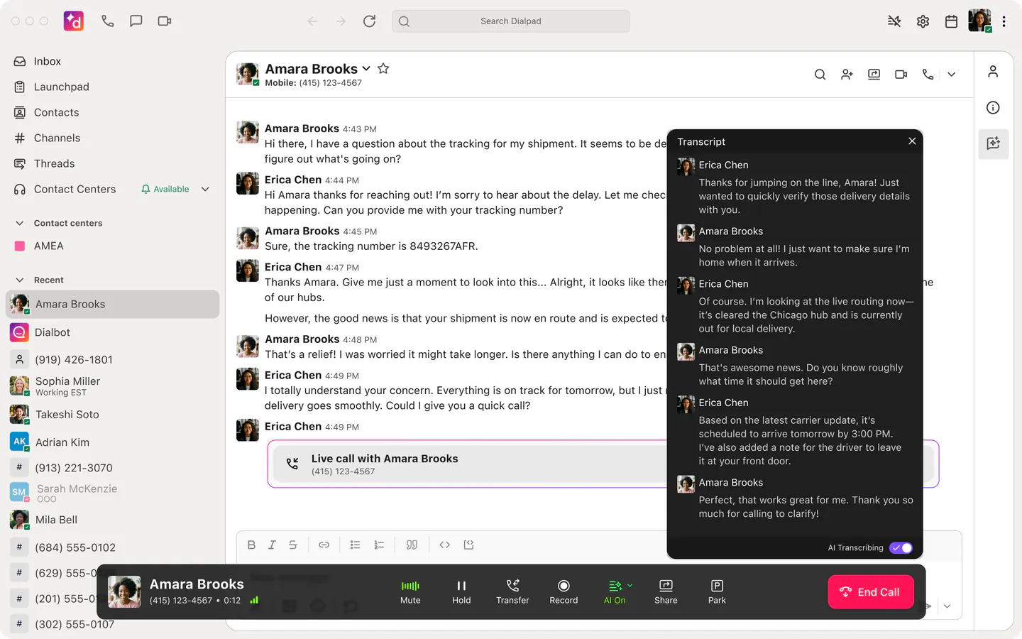 Dialpad desktop app on a call with the live transcript drawer open