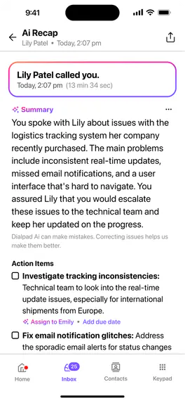 Dialpad mobile app showing an AI Recap of a call, with a summary and action items