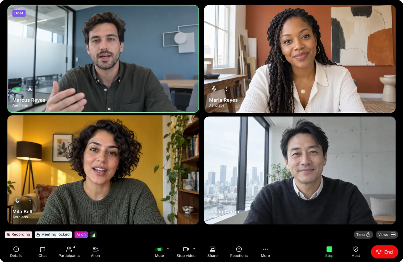 Dialpad Meetings video call with four participants