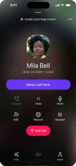 Dialpad mobile app during an active call with Mila Bell